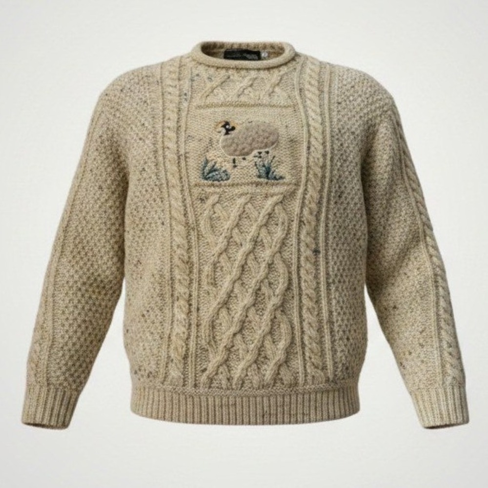 Inisfree Fisherman Sweater Kids 8-10Y Oatmeal Wool Sheep Embroidery Ireland VTG